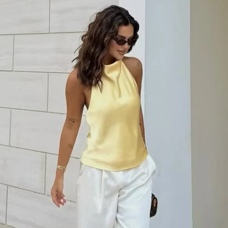 Top tipo corsé de satén con cuello halter para mujer