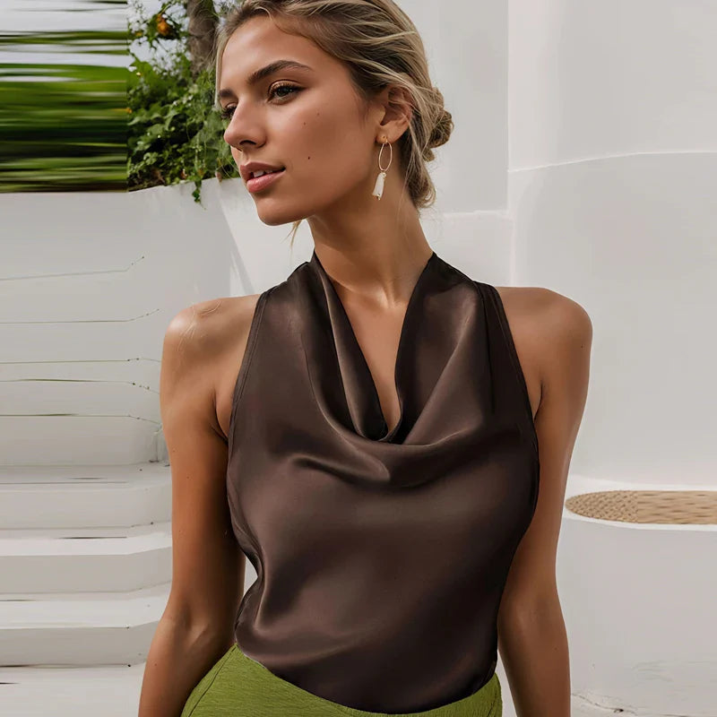 Top tipo corsé de satén con cuello halter para mujer
